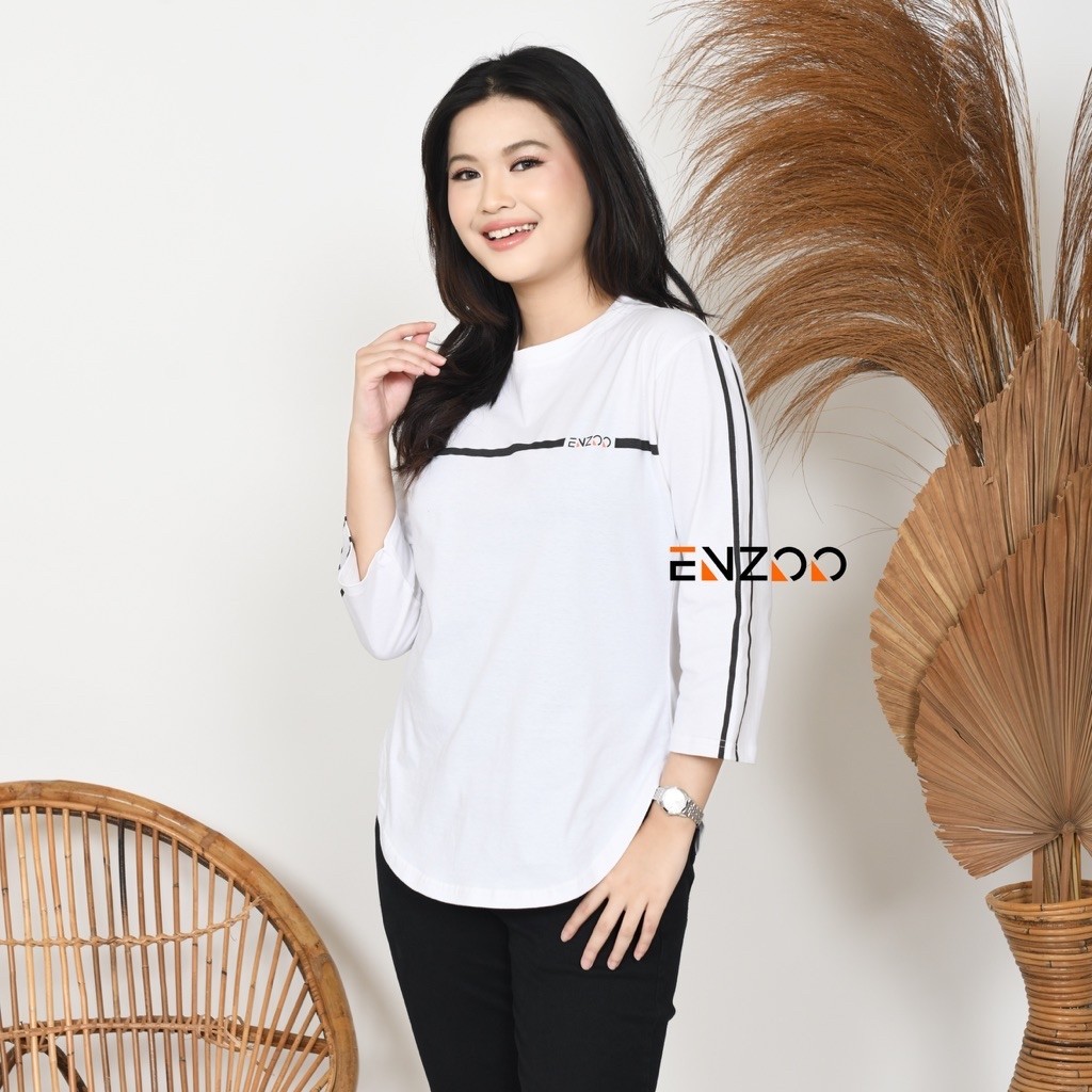 ENZOO Kaos Adem 7/8 Katun Adem Oval Polos Stripe Garis Salur Sablon Oversize Harian Santai Agustusan