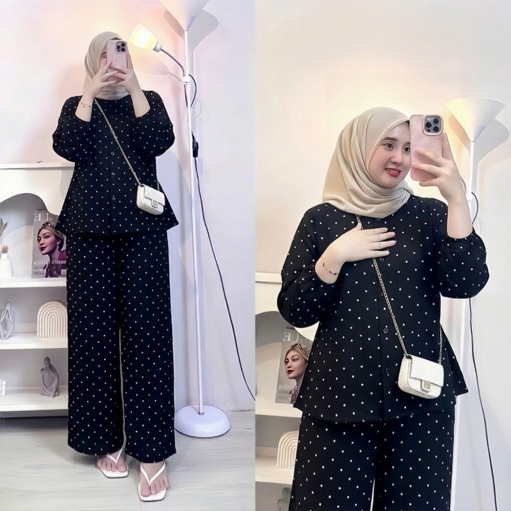 SETELAN RAYON MOTIF POLKADOT | One Set Remaja Motif Polka Bahan Rayon Diamond Super Adem