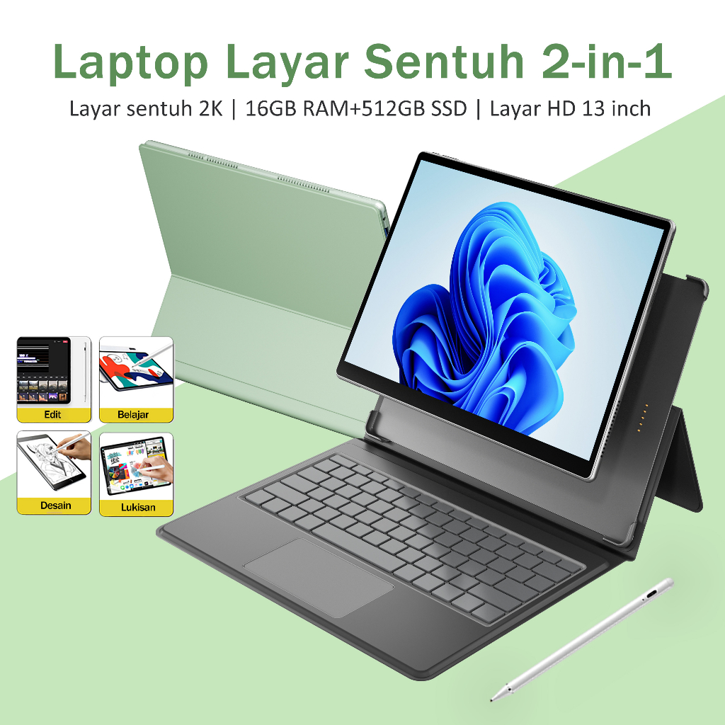 Laptop 2-in-1 13 inci N5095 RAM 16GB + 512GB SSD Touchscreen Laptop kelas atas Layar 2160×1440 EDP H