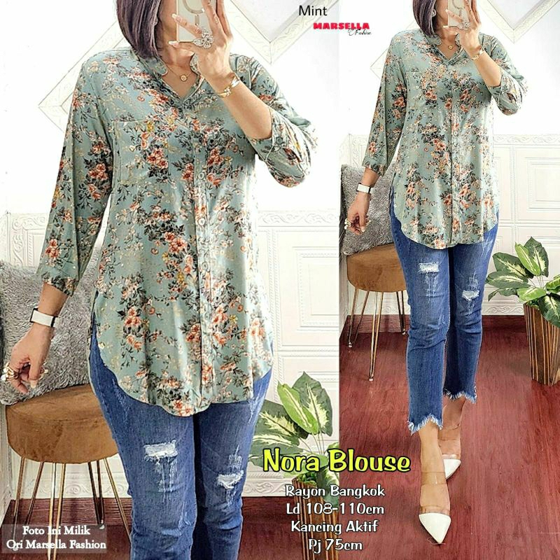 Nora Kemeja Blouse Wanita Premium Motif Bunga Full Kancing