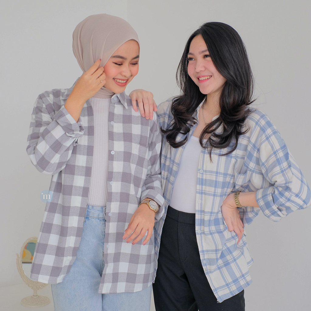 SAMSAN Kemeja Flanel Wanita Kotak kotak MARU Atasan Cewek Pakaian Kerja Women Top Hangout