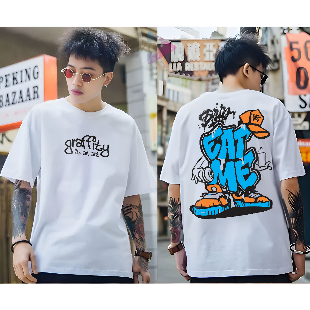 Baju Kaos Tshirt Distro Graffity Tuslisan Simpel Eatme Pakaian Pria Wanita Keren Lengan Pendek Warna