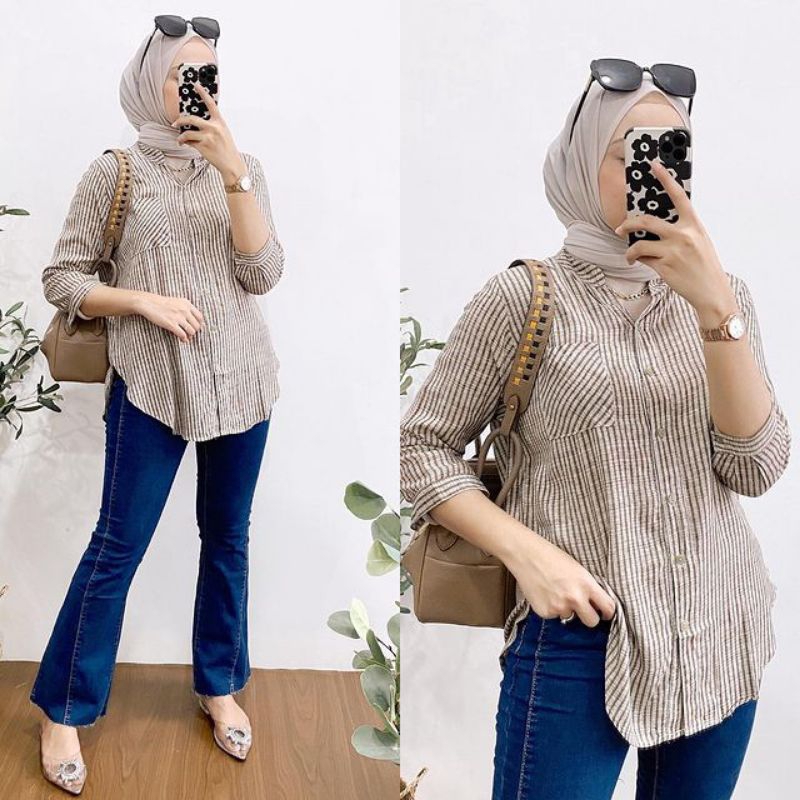 Atasan Wanita Salur Bahan Rayon Premium/Blouse wanita Terbaru/kemeja rayon Premium / Kemeja Rayon Ov