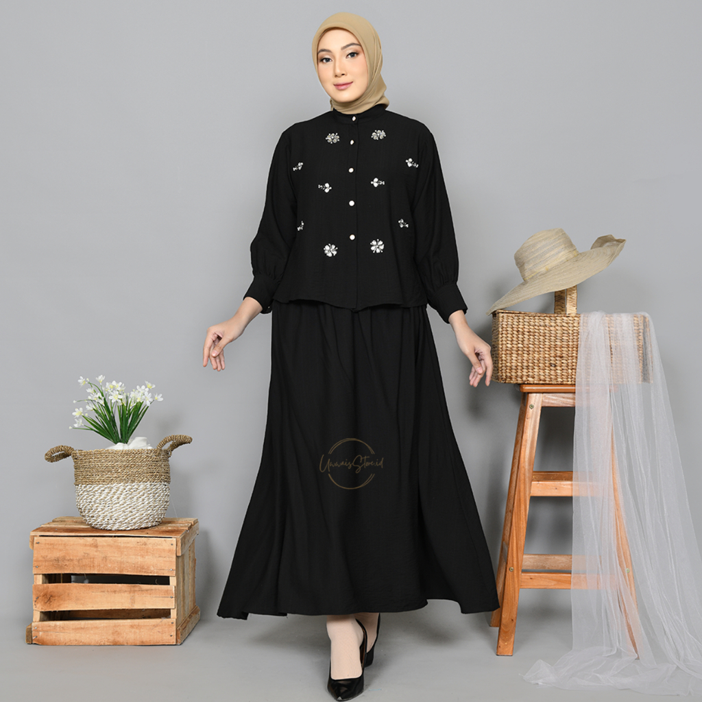 CLARA One Set Beads Linen | Setelan Wanita Kekinian | Atasan Kemeja Rok Wanita