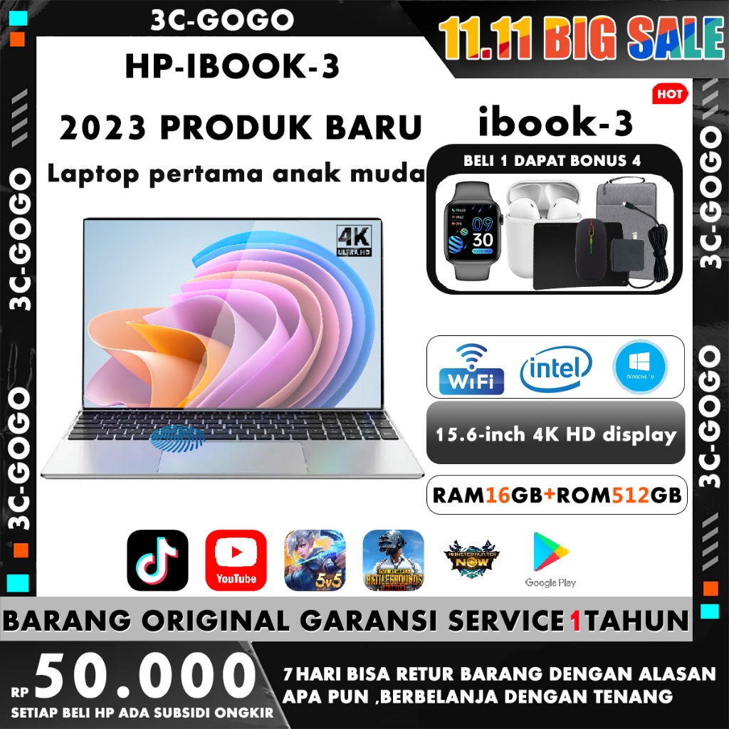 【COD】HP iBOOK-3 2023 baru  laptop RAM  16GB + SSD512 Layar LCD HD 15,6 inci Windows 10 Intel Laptop 