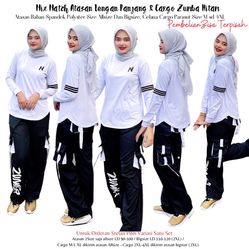 Mix Match Atasan N Lengan Panjang Putih Lis Hitam dan Cargo ZMB Hitam List Putih Bahan Spandek Polys