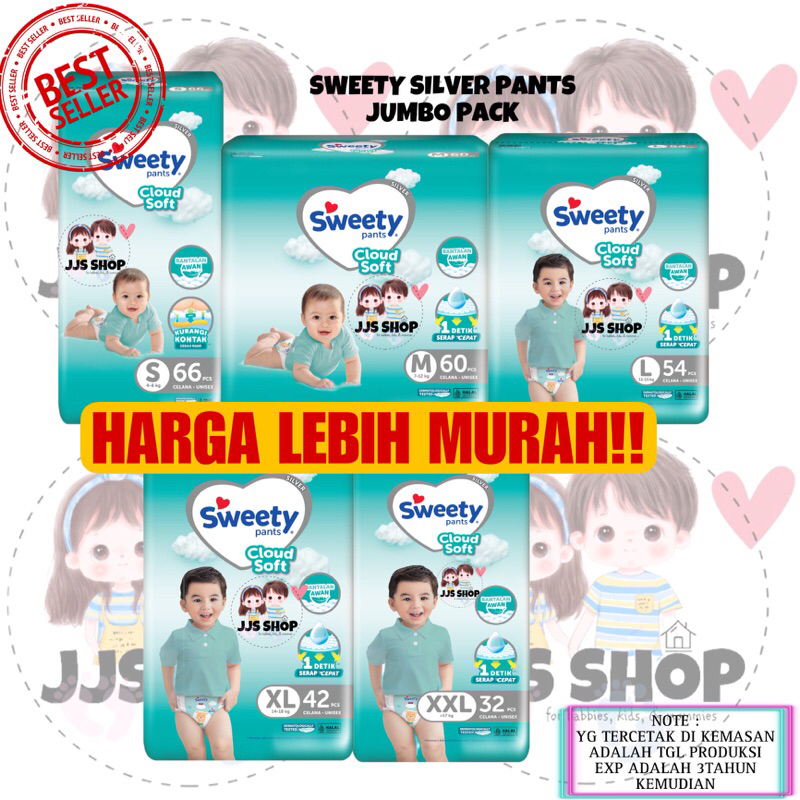 SWEETY SILVER PANTS S66 M60 L54 XL42 XXL32 S32 M30 L28 XL26 XXL22 / TAPE PEREKAT NBS20 NBS40 Popok B