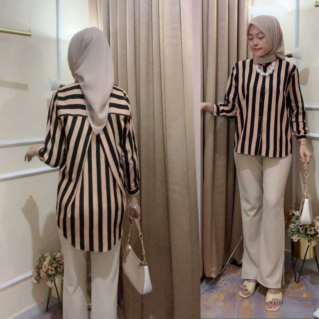 Kemeja salur wanita rayon silang belakang jumbo LD120 lengan panjang terbaru 2024