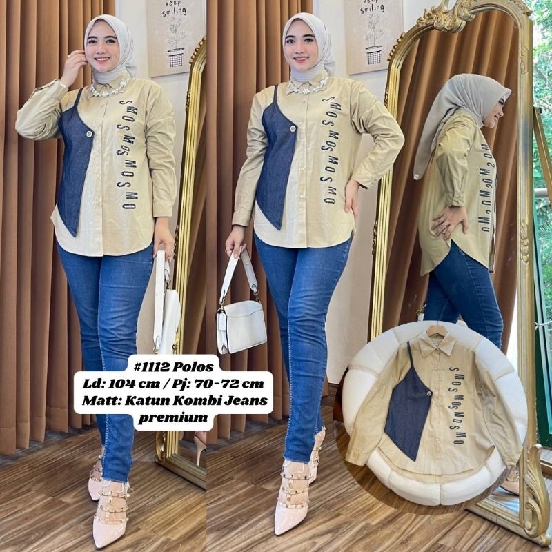 Aprilia Blouse Jeans mix katun Salur kombinas lengan panjang