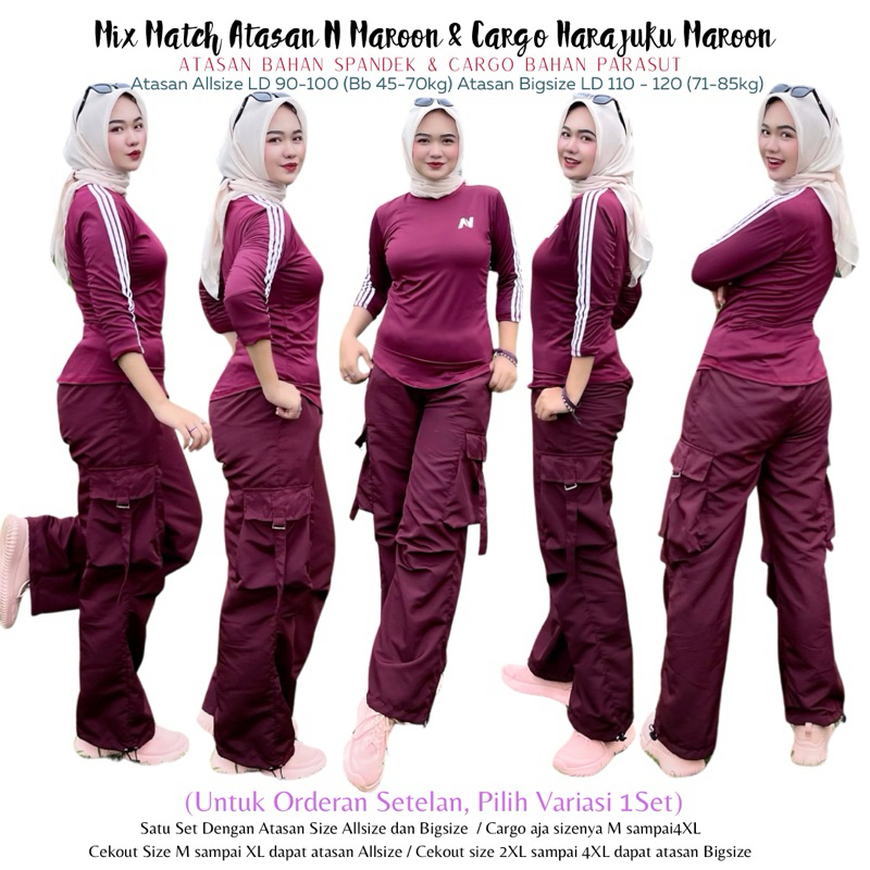 Mix Atasan Baju Senam N Petir Maroon Lis Putih dan Cargo Harajuku Maroon lis Putih (bisa dibeli Terp