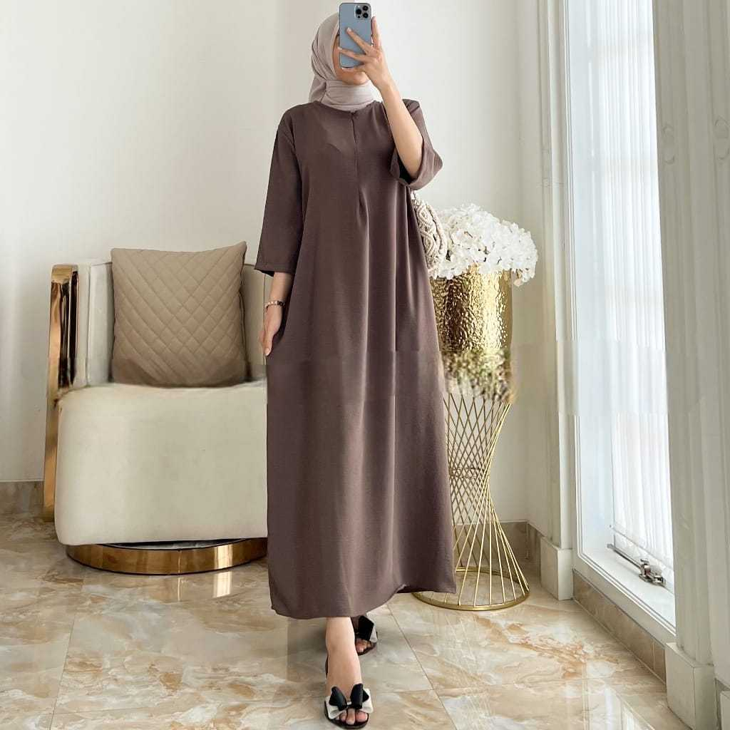 Zea Long dress tangan 3/4 airflow cringkle busui ,daster gamis panjang