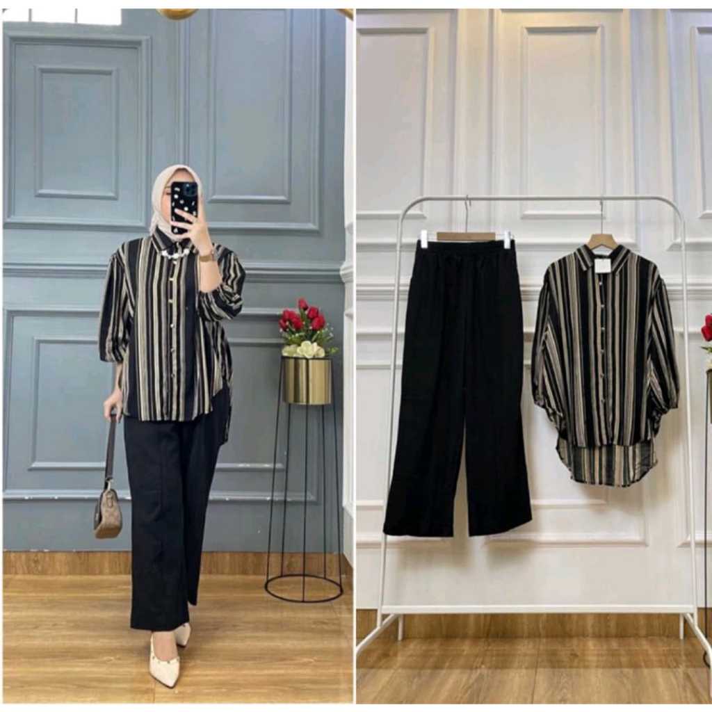 SET RAYON / SETELAN KEMEJA LOLY MOTIF SALUR// SETELAN STRIPE / ONE SET KEMEJA SALUR DAN KULOT / SETE