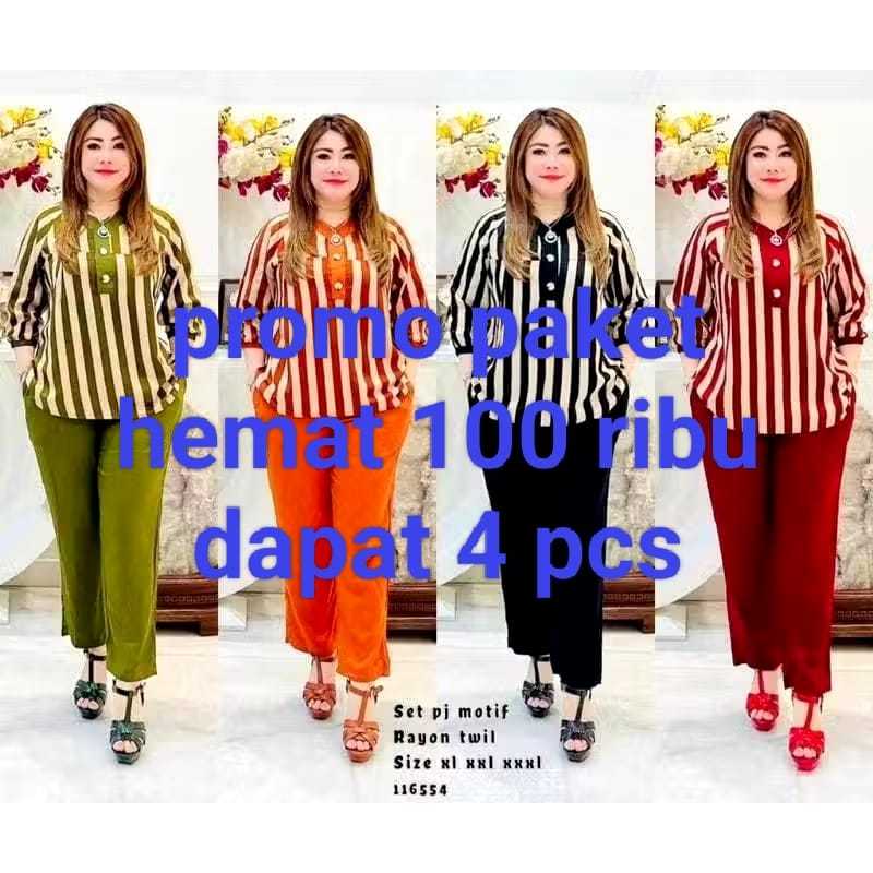 promo paket murah 100 ribu dapet 4 pics setelan motif salur wanita dewasa terbaru