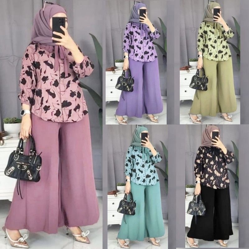 ONE SET NEW VIRAL SETELAN KEKINIAN RAYON PREMIUM MOTIF BARU BUNGA DAUN WANITA BAJU BLUS KOMBINASI TA
