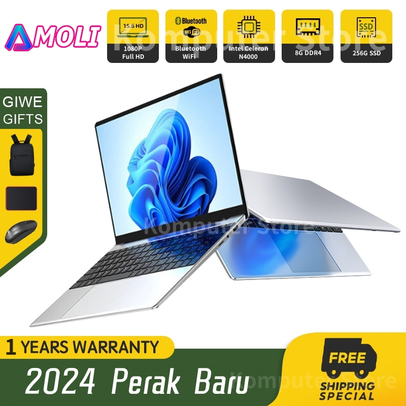 AMOLI「Top1 jaminan kualitas」Laptop Baru 15.6 '' RAM 8G + SSD 256G laptop Gaming Intel N4000 Window 1