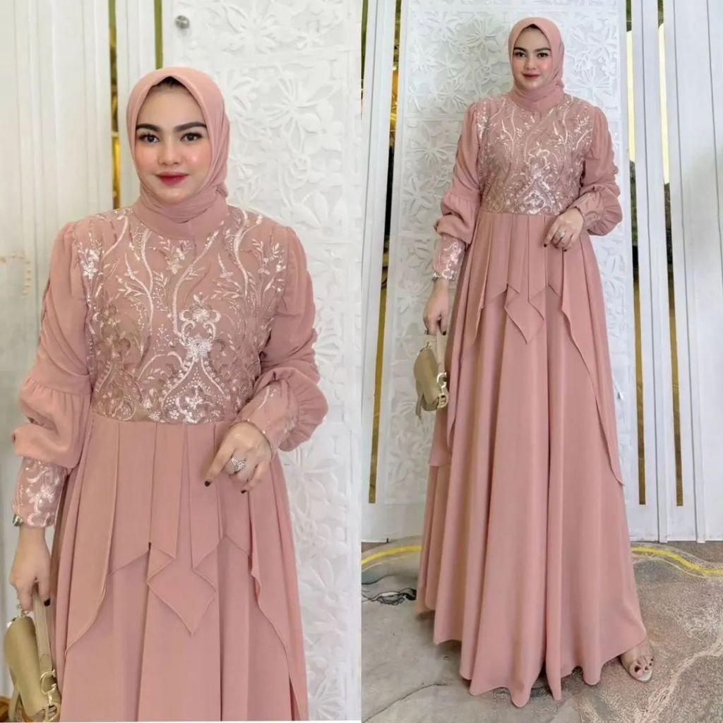 Gamis Queena Dress Cerutty Mix Brukat Full Furing Seragaman Kondangan Pesta Terbaru Kekinian