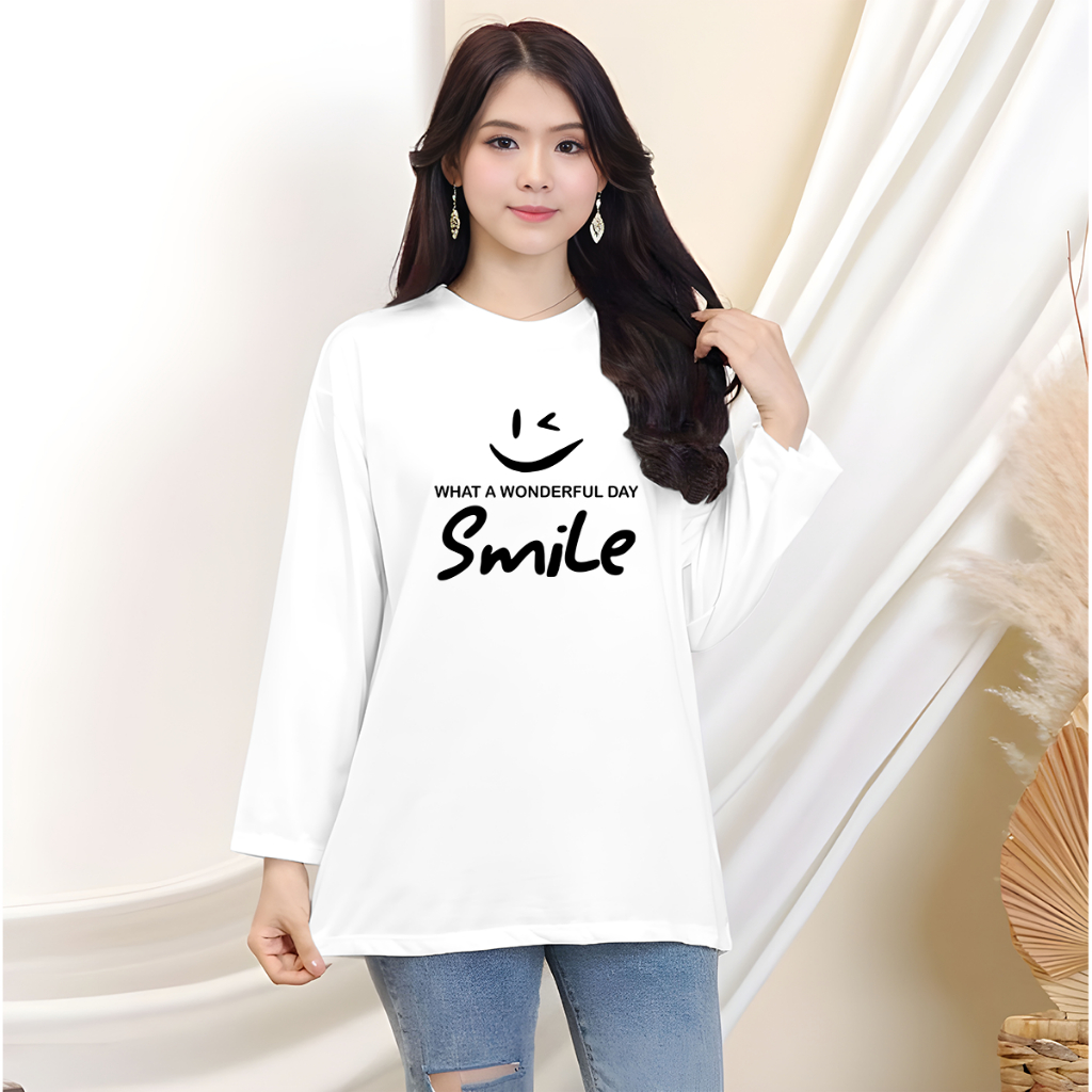 Kaos Oversize Wanita Lengan Panjang/ Kaos Distro Wanita/Kaos Streetwear Oversize Smile Hitam
