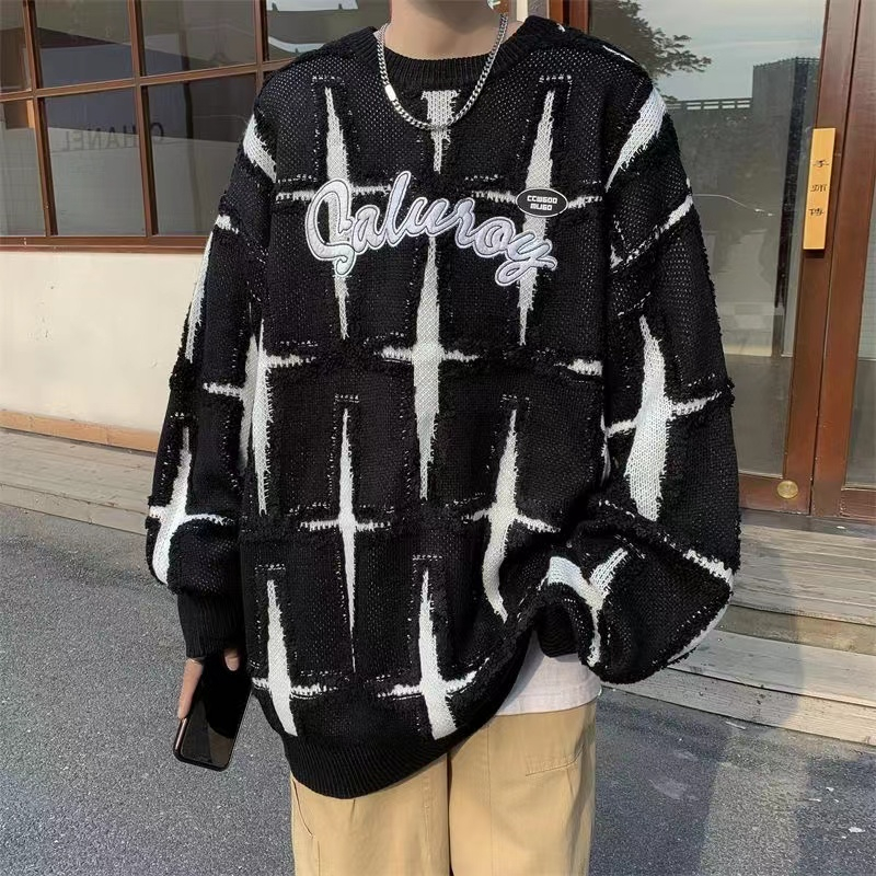 Jumper pria bersulam vintage Amerika musim gugur dan musim dingin pakaian luar longgar pria