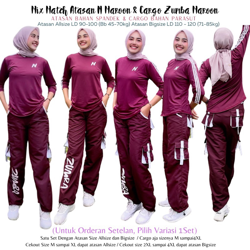 Mix Atasan Baju Senam N Petir Maroon Lis Putih dan Cargo Zmb Maroon lis Putih Bahan Parasut dan Atas