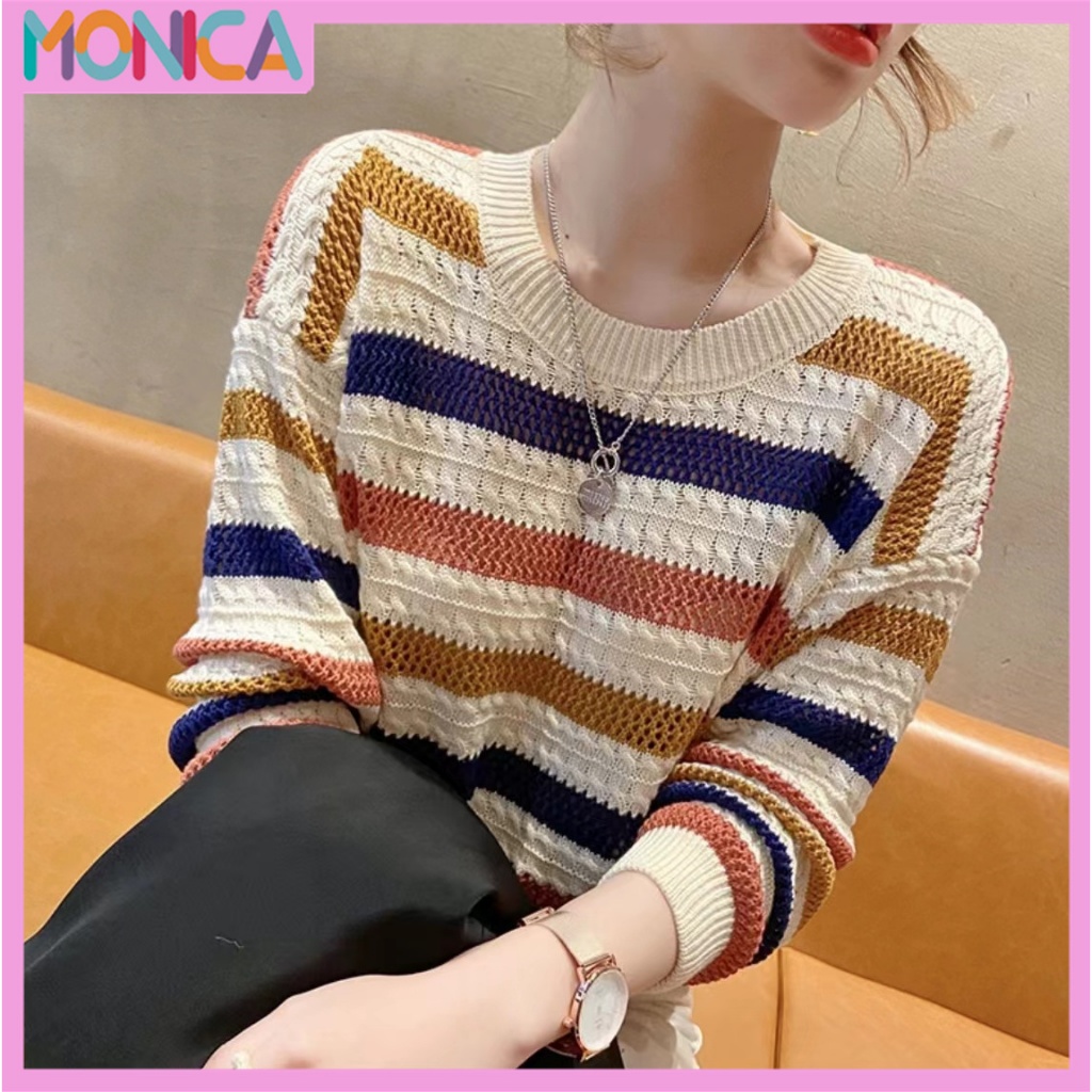 Monica Top Knit Import Sweater - Atasan Wanita Rajut Jaring Import Stripes
