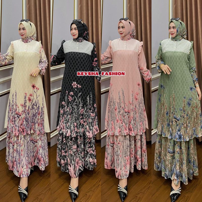 RESTY Gamis Mewah Ceruty Babydoll Premium Mix Renda Brukat Plus Hijab Dua Layer