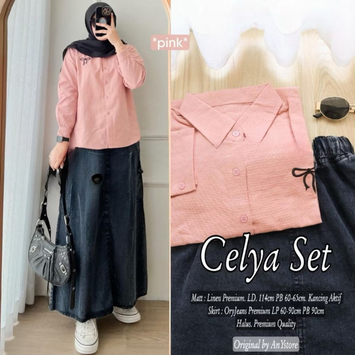 SETELAN ROK ORI BAJU ATASAN KEMEJA POLOS KATUN LINEN CANTIK VARIASI BORDIR PITA SET ROK JEANS WASH M