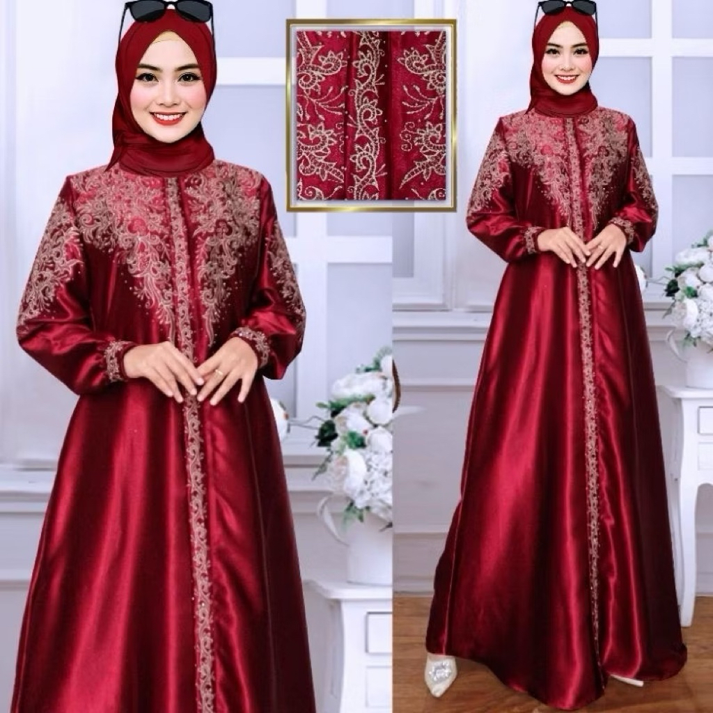 GAMIS BORDIR BUNGA TIMBUL BAHAN SATIN KRISTAL/GAMIS BORDIR MEWAH TERBARU TERMURAH/GAMIS BORDIR BEST