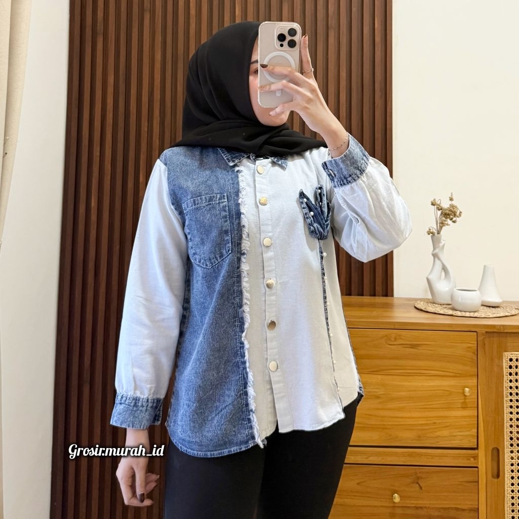 VERITA BLOUSE JEANS KOMBINASI RAYON TWILL