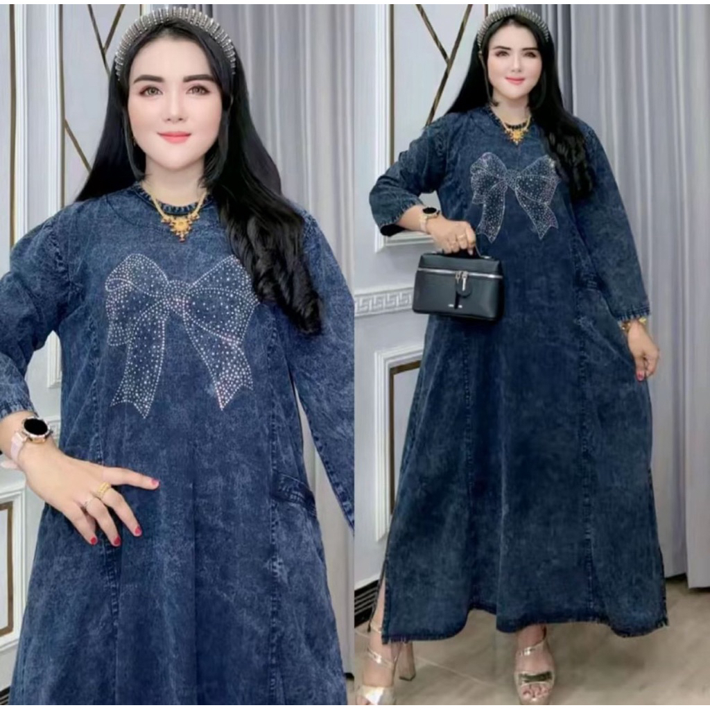 Midi Dress Motif Pita Bahan Jeans Premium Muat Sampai Bb 75Kg