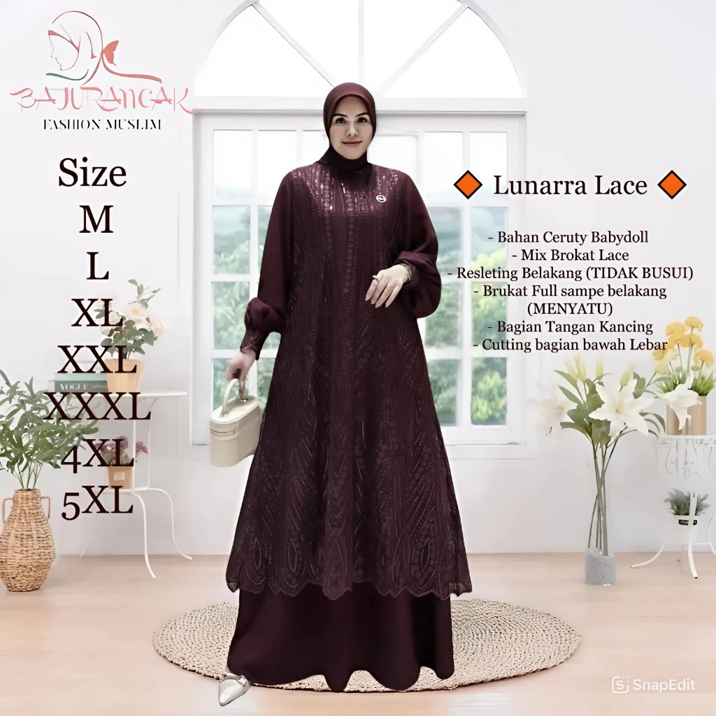Lunarra Lace Baju Gamis Raya Wanita Muslimah Bahan Ceruty Babydoll Mix Brokat Mewah Elegan Pesta