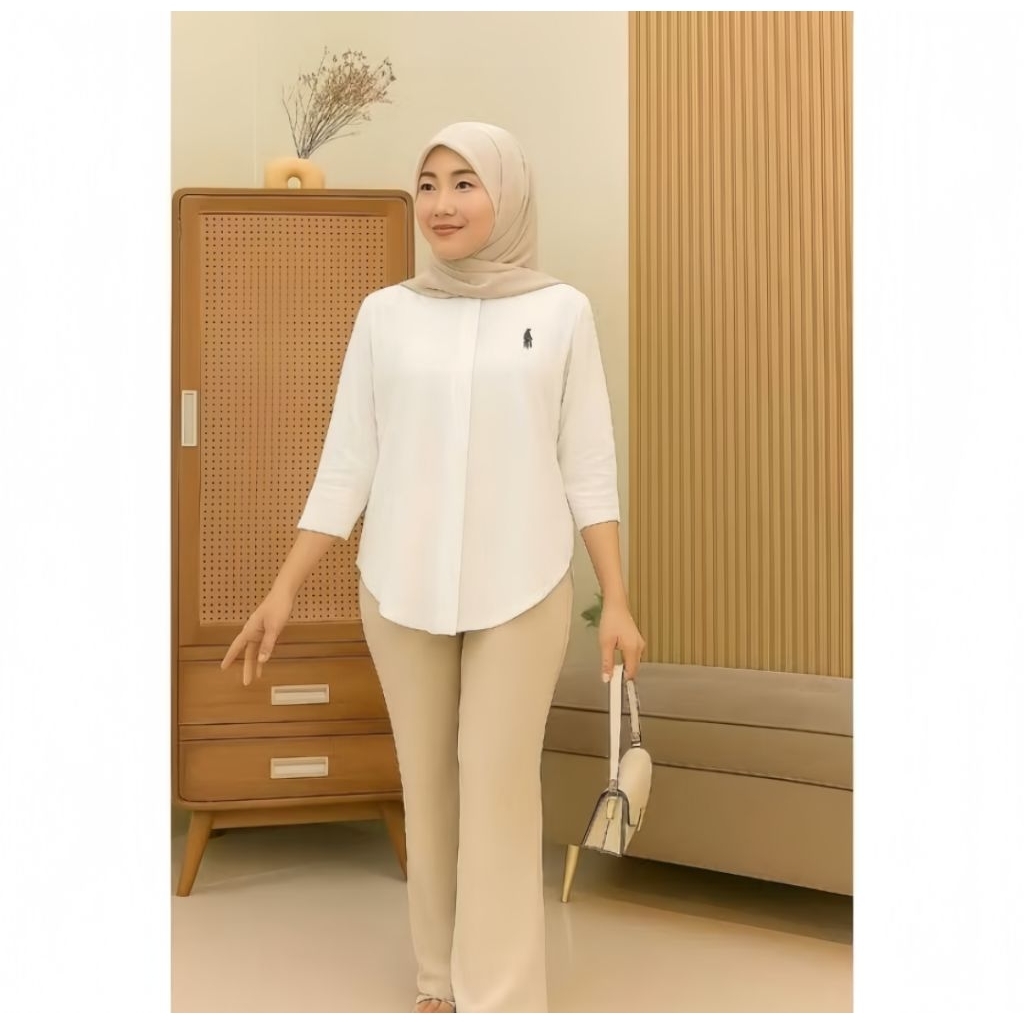 Kemeja Bordir Logo Atasan Wanita Rayon Twill Lengan 7/8 Terbaru