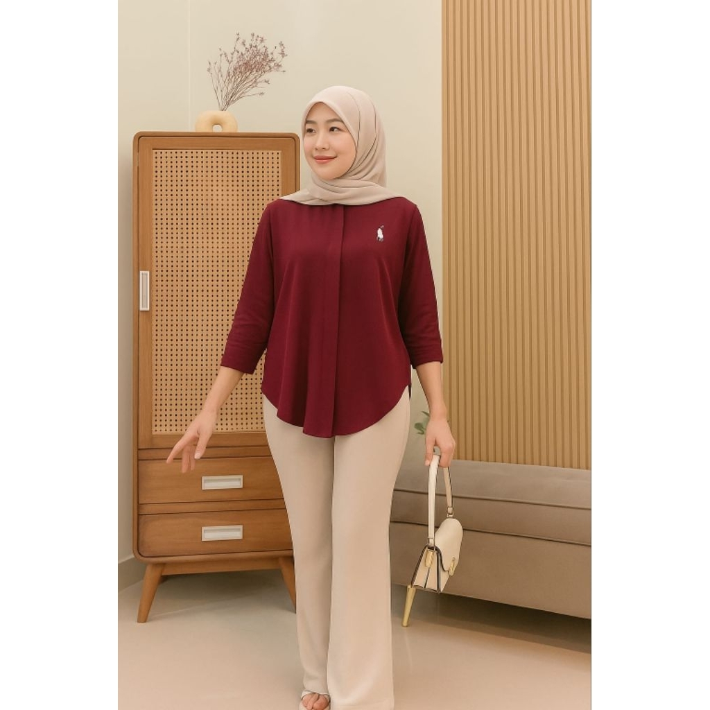 Atasan Kemeja Wanita Kemeja Bordir Logo Polo Atasan Wanita Rayon Twill Lengan 7/8 Terbaru