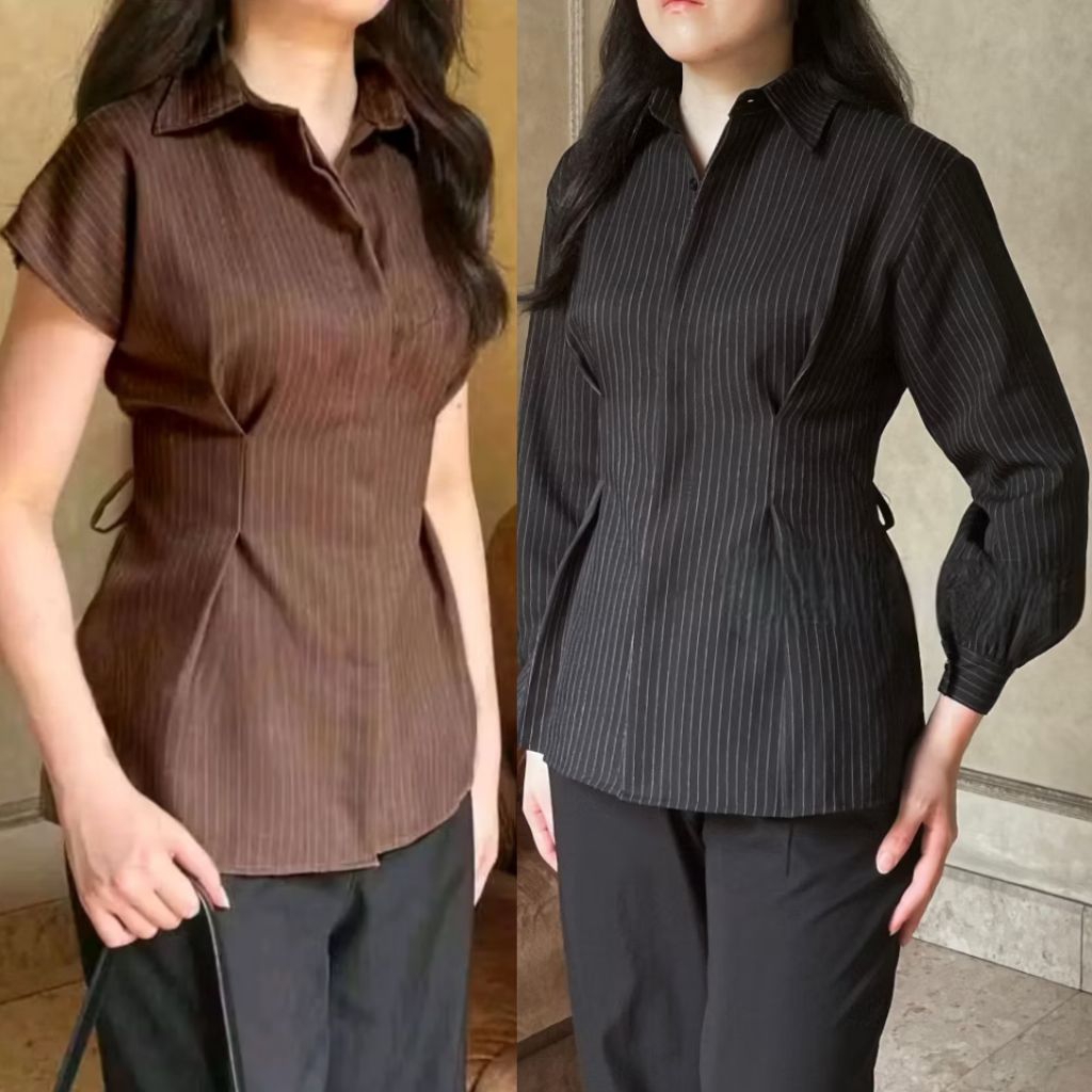 NEW Alba top / Atasan Wanita Lengan Pendek Pinstripe - Womens Fitted Button Up Top