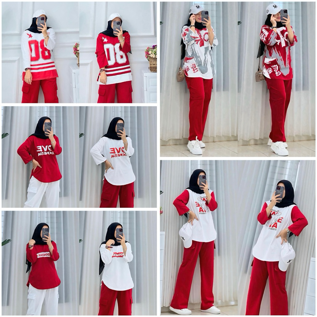 Baju One Set Cargo Agustusan Merah Putih Olahraga Senam Series