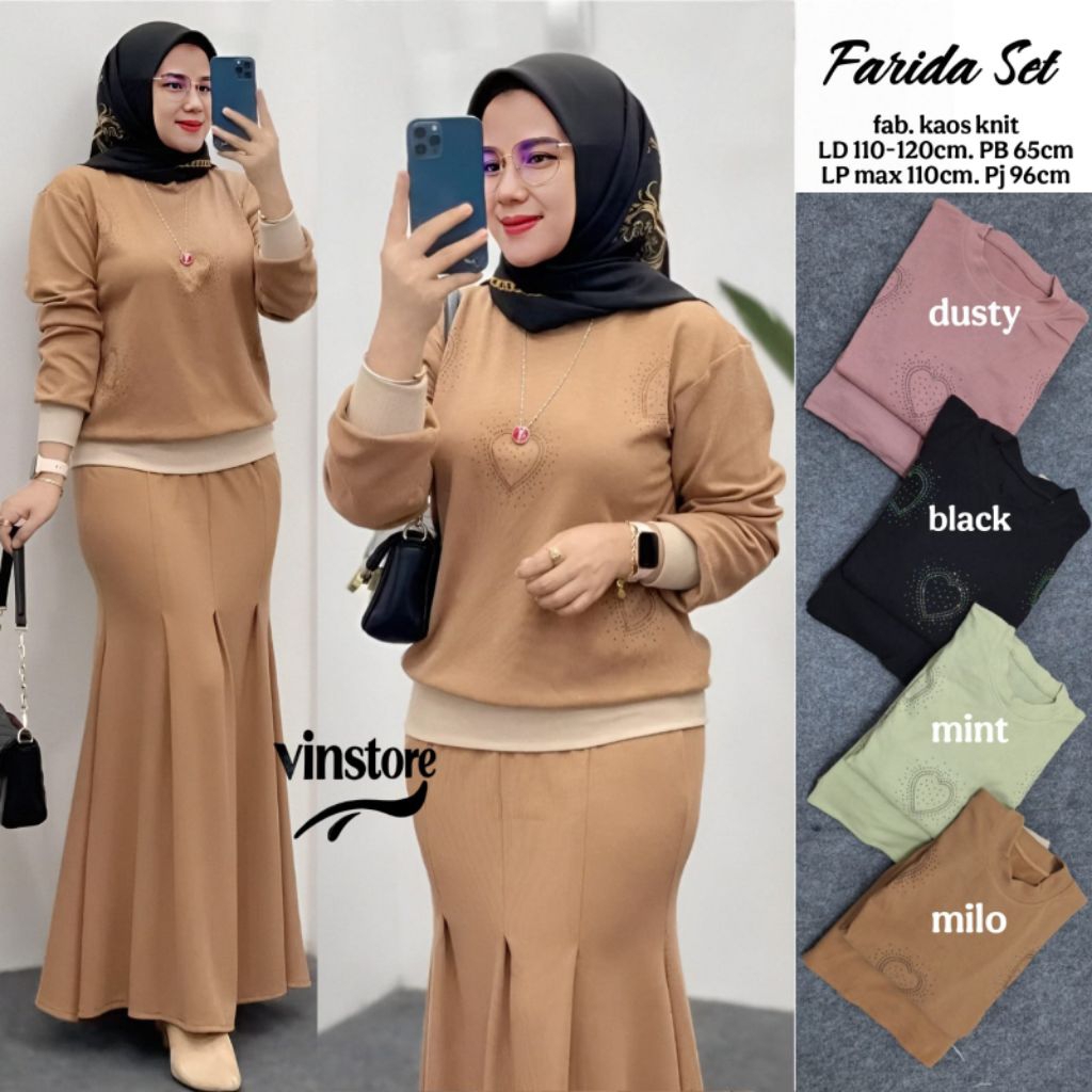 Setelan Wanita Baju Atasan Dan Rok Farida Set Kaos Knit Ld110cm Melar 120cm