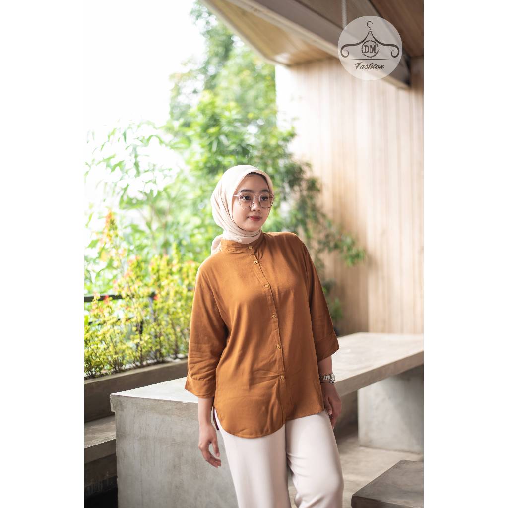 Kemeja Rayon Twill lengan 3/4 Blouse wanita lengan 3/4