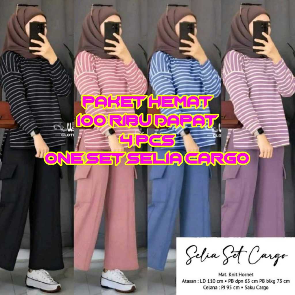 Paket Bundle 100 Ribu Dapat 4pcs Setelan Selia Cargo Wanita Dewasa Pollycotton Terbaru