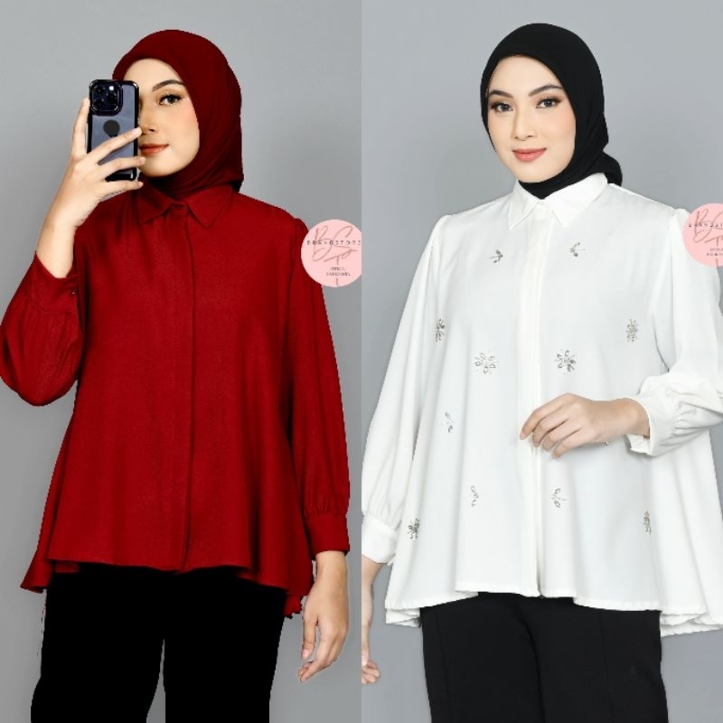 Kemeja Blouse Kinka Wanita Polos & Payet Shirt Shakila Botega Kekinian Baju Panjang Kantor Kerja