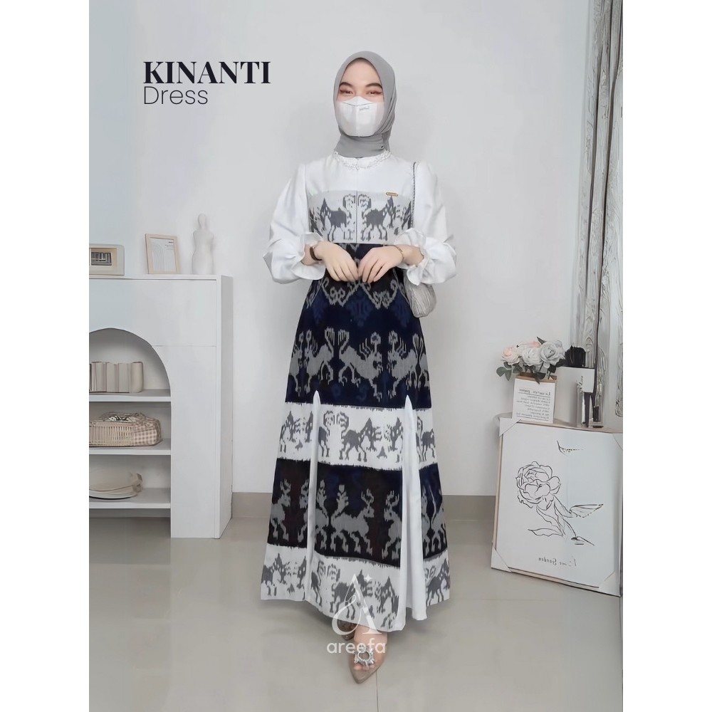 Gamis Dress Etnik Tenun Premium Remaja Wanita Warna Putih Navy Gamis Tenun Etnik Kombinasi