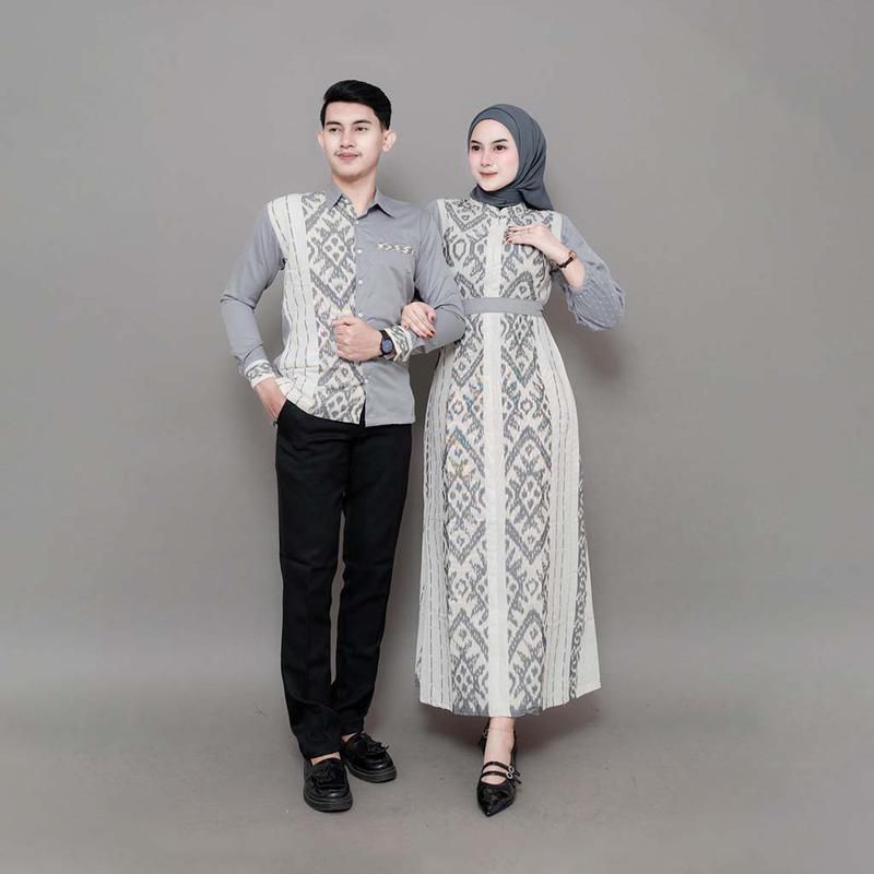 BAJU TENUN COUPLE BELVIA WHITE DRESS KONDANGAN GAMIS LEBARAN PADMA BELVIA SARIMBIT KELUARGA COUPLE