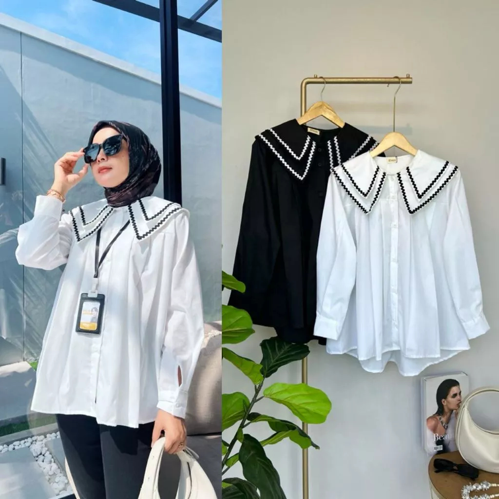 Siffa Blouse Korean Style Kemeja Wanita Kerah Renda Lengan Kancing Rayon Twill Premium
