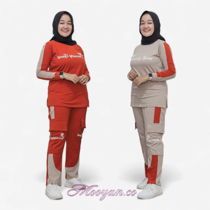 Setelan olahraga wanita | One set cargo muslimah bahan katun combed 20s