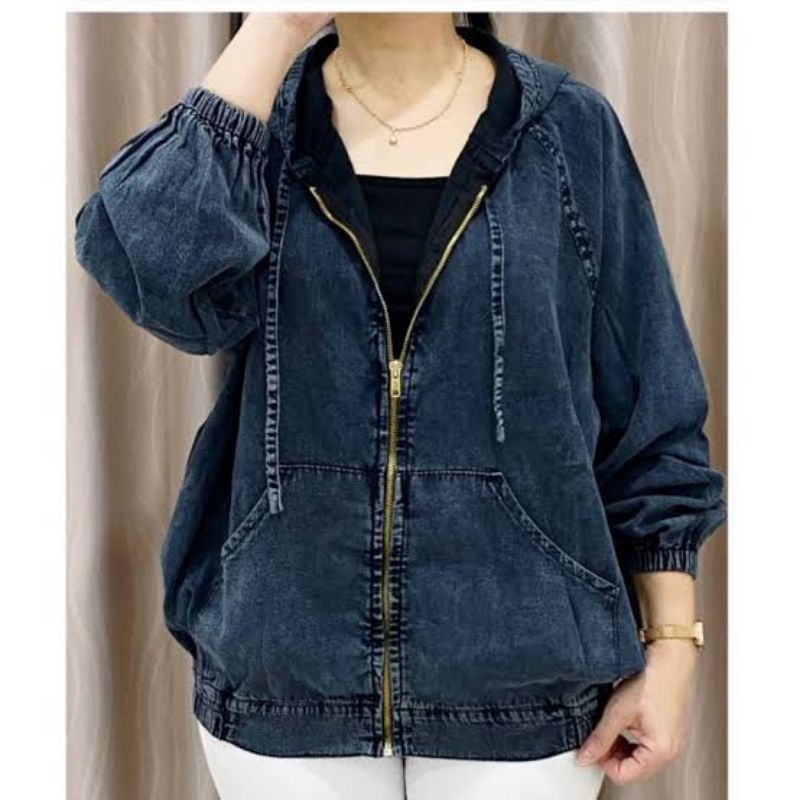 Jaket jeans Wanita Hoodie sleting zipper Ld 114 Resleting kekinian