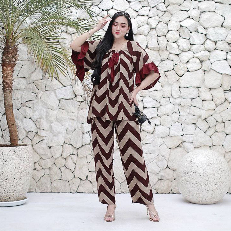 One Set Wanita Kekinian LD120 Terbaru Korean Style Motif Fuji Zigzag Celana Panjang