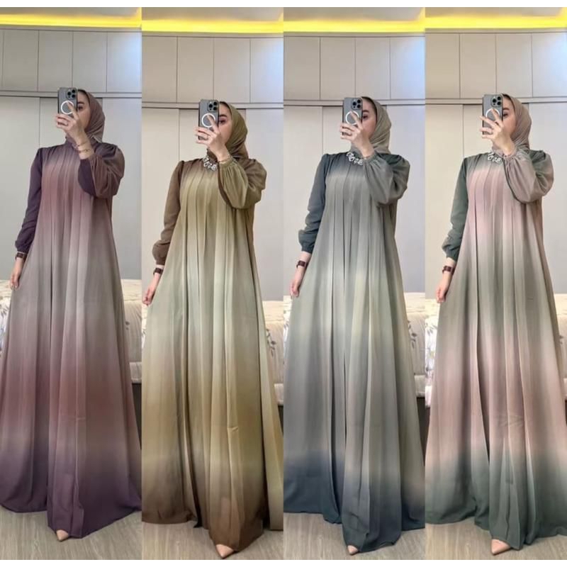 Gamis Ceruty Premium Gradasi Warna /Gamis Ceruty Babidoll Premium/Dress Ceruty Set Hijab Lebaran 202