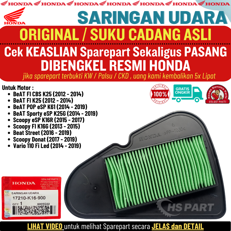 Saringan Filter Udara Beat Fi Original Honda Beat Esp Beat Street Beat POP Vario 110 Fi LED ORI Scoo