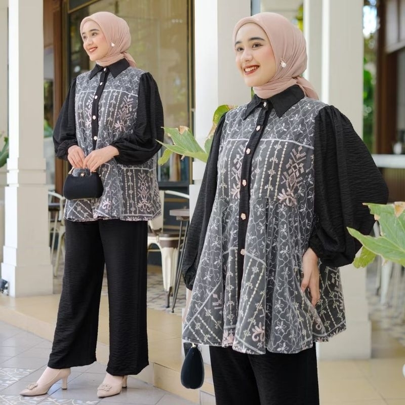 SETELAN ELSA BAHAN CRINGKLE COMBI BURKET / ONE SET BAJU CELANA WANITA TERBARU 2025