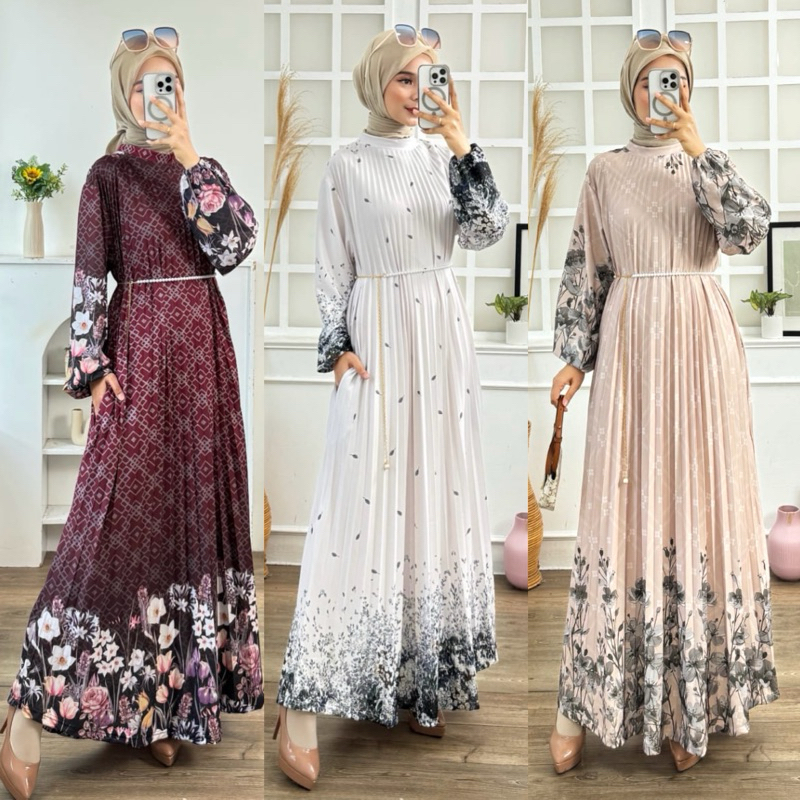 GAMIS PLISKET LEBARAN 2026 MOTIF PRINTING TERBARU BUNGA FLORAL LEBARAN MEWAH SAMAAN IDUL FITRI 2026