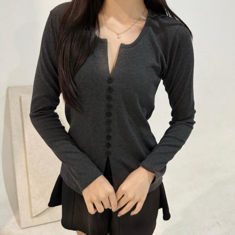 Blouse Rajut Kancing Wanita Lengan Panjang Longsleeve V_Neck Rib Knit Casual Kancing Variasi