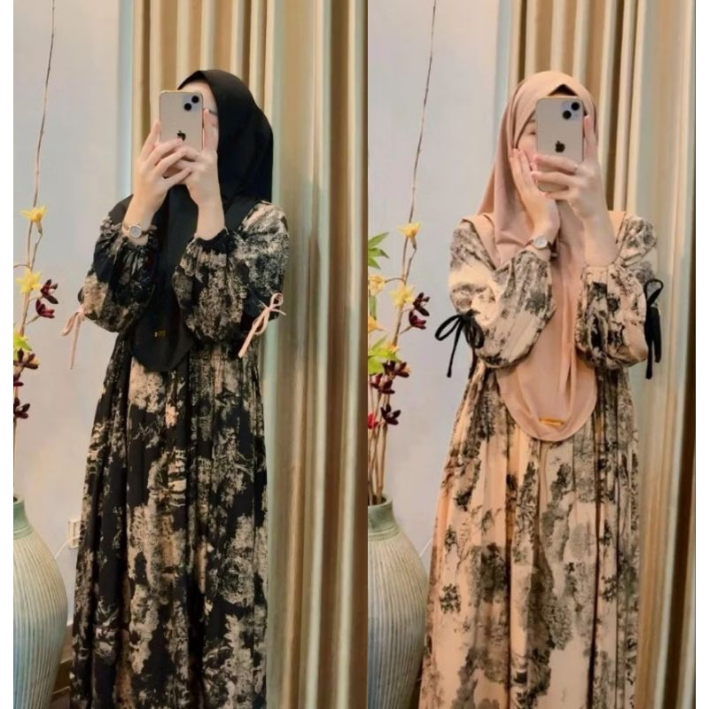 MJ - Dress Anjani Pita Rayon Diamond | Gamis Wanita | Gamis Motif Lengan Pita Busui